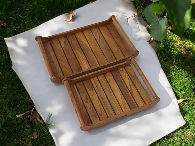 Set of 2 Romper Teak Wood Rectangular Serving Tray for Home/Kitchen/Restaurant/Office Organizer/Dining Table|Premium Wooden Trays| 18 X 12 ; 15 x 10 inches | Handcrafted in India