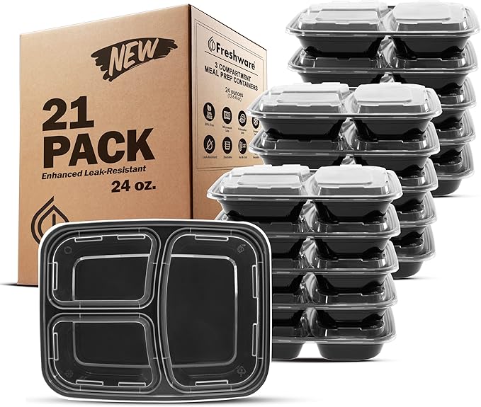 Freshware Meal Prep Containers 21 Count (Pack of 1), 3 Compartment with Lids, Food Storage Containers, Bento Box, Stackable, Microwave/Dishwasher/Freezer Safe (24 oz)