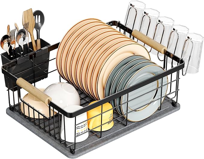Dish Drying Rack Black with Diatomaceous Earth 1 Tier,Multifunctional Dish Racks for Kitchen Counter Quick-Drying,Large Capacity Space Saving with Cutlery Cups Holder