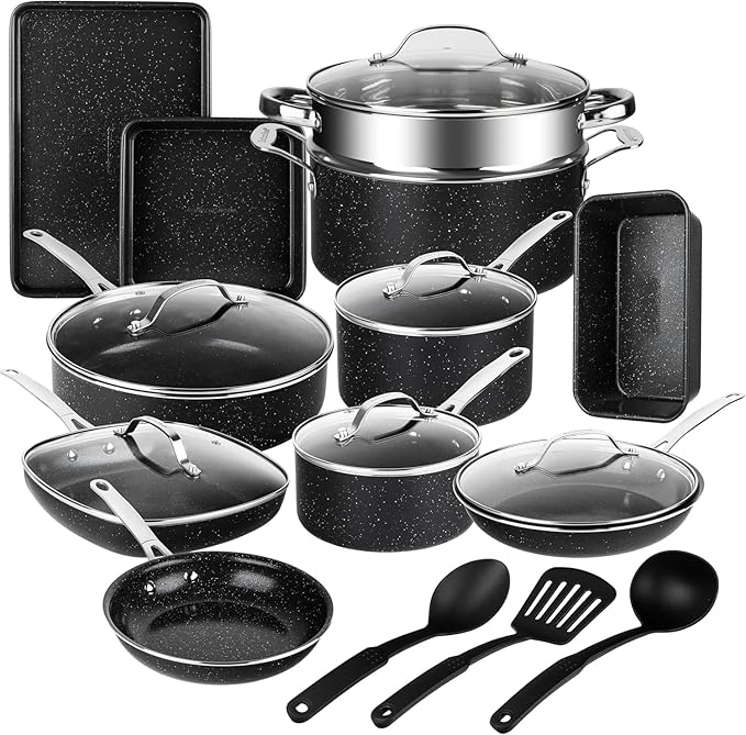 GRANITESTONE 20 Pc Complete Pots and Pans Set Non Stick Cookware Set with Saute Pan, Bakeware, Steamer, Cooking Utensils, Made Without PFOA PFOS, Oven and Dishwasher Safe