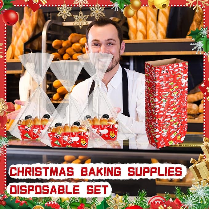 100 Sets Christmas Paper Loaf Pans Mini Disposable Baking Bread Pans with 100 Pcs Clear Bread Bags with Ties Rectangle Loaf Molds for Cake Oven Baker(3.2 x 1.6 x 1.6 Inches)