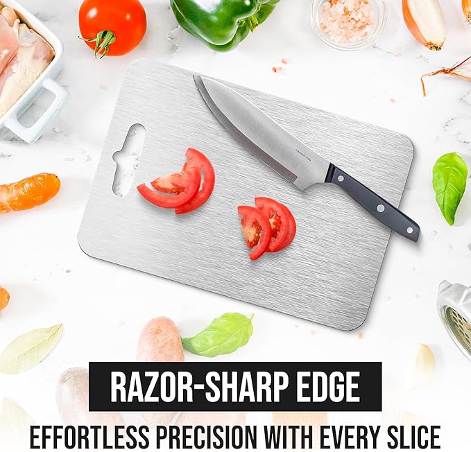 Titanium Cutting Boards and Stainless Steel Knifes for Kitchen, Upgrade Double Sided Food-Grade Titanium Board and Knife set for Meats, Fruits, & Vegetables.
