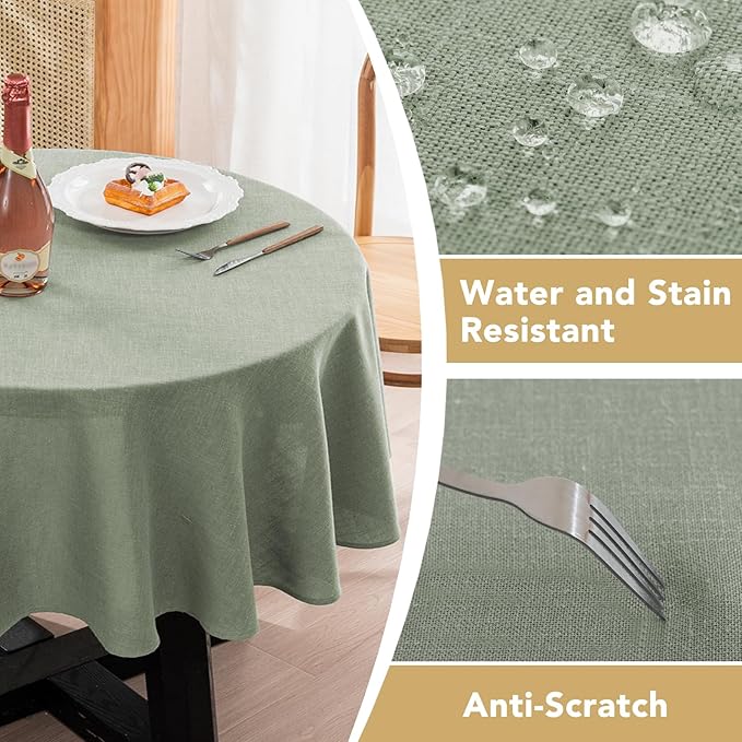 H.VERSAILTEX Linen Table Cloths Round 60 Inch Premium Tablecloth Spill-Proof Waterproof Table Cover for Dining Buffet Feature Extra Soft and Thick Fabric Wrinkle Free, Sage