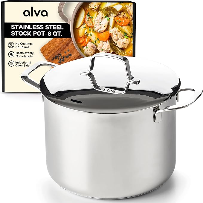 Alva Maestro 8Qt Tri-Ply Stainless Steel Stock Pot, Lid – Induction & Oven Safe, Professional Grade, Even-Heat Cooking – Non-Toxic 18/10 Steel, Dishwasher Safe, Heavy-Duty Soup Pot, Measurement Marks