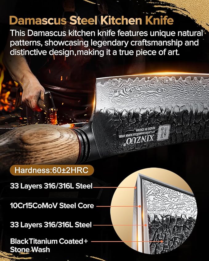 XINZUO 7 Inch Nakiri Knife, Hand Forged Damascus Steel Asian Chopping Chef Knife, Professional Meat Vegetable Kitchen Knife,Comfortable Grip White Oak Handle Usuba Knife