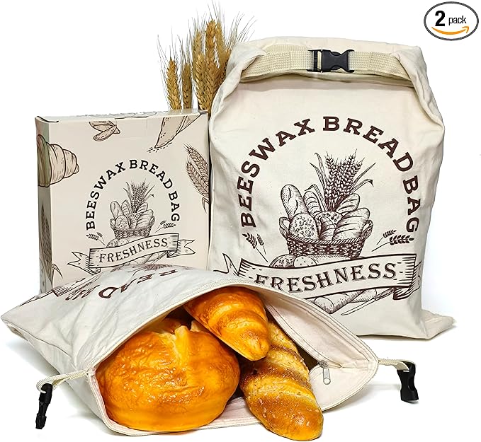 2 Pack Reusable Beeswax Bread Bags for Sourdough & Homemade Bread - XL Organic Cotton with Zipper & Snap Closure Freezer-Friendly Freshness Preservation