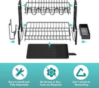 BOOSINY Dish Drying Rack and Drainboard Set for Kitchen Counter, 2 Tier Large Stainless Steel Sink Organizer Dish Racks with Cups Holder, Utensil Holder, Black Dish Strainer Shelf