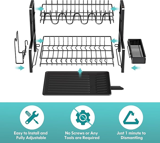 BOOSINY Dish Drying Rack and Drainboard Set for Kitchen Counter, 2 Tier Large Stainless Steel Sink Organizer Dish Racks with Cups Holder, Utensil Holder, Black Dish Strainer Shelf