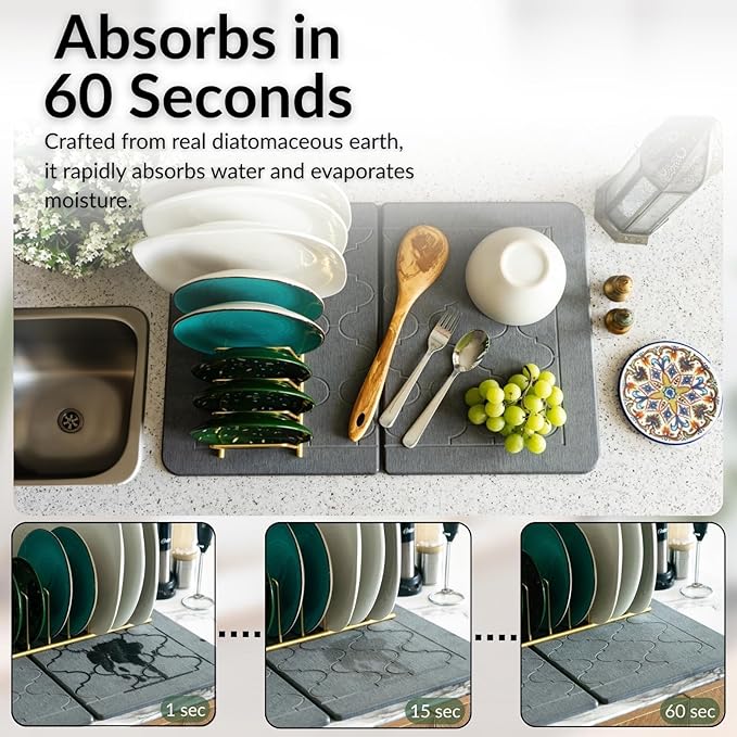 BARTEQ Stone Dish Drying Mat Large - 23.6” X 15.4" Foldable Diatomaceous Stone Drying Mat for Kitchen Counter | Fast Absorbtion | Non-Slip Quick Drying Stone Mat | Moroccan Trellis Grey