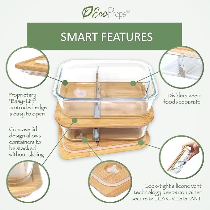Large Glass Bento Box Containers with Bamboo Lids, 3 Compartment Glass Meal Prep Container Set (2 Pack, XL) - 100% Plastic Free, Eco-Friendly Lunch Containers, Bento Boxes for Adults