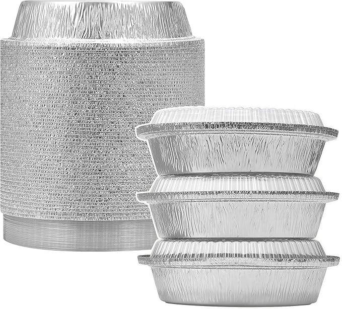 7" Aluminum Foil Pans with Clear Lids 50 Pack,Heavy Duty Disposable Containers for Roasting,Storing,Baking,Cooking, Deep Dish Pie Pans, Recyclable
