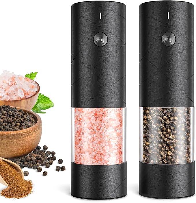 Electric Salt and Pepper Grinder Set, Rechargeable Automatic Pepper Mill Grinder with LED Light, Adjustable Coarseness shakers, One-Hand Operation for Kitchen(2 Pack, Upgrade Black+Black)