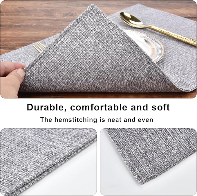 Cloth Placemats Set of 6 - Double Thickened Easy to Clean Linen Style Fabric Placemats - Machine Washable Placemats- Heat Resistant Non-Slip Table Mats - 18x12 Inch (Smoke Gray, 6)