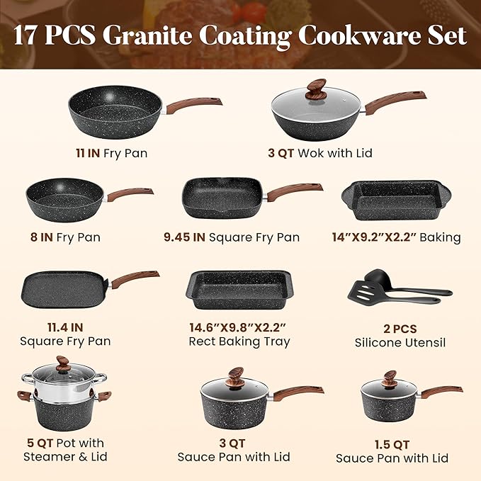 Kitchen Academy Induction Cookware Set-17 Piece Non-stick Cooking Pan Set, Black Granite Pots and Pans Set