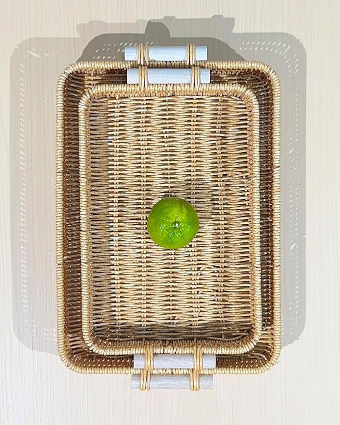 Woven Kitchen Storage Baskets Rattan Fruit Tray for Decoration Rectangular Bread Baskets with Wooden Handles, Outdoor Serving Tray for Coffee Table, Picnic Food, Snacks, Vegetables, 2-Piece, Natural