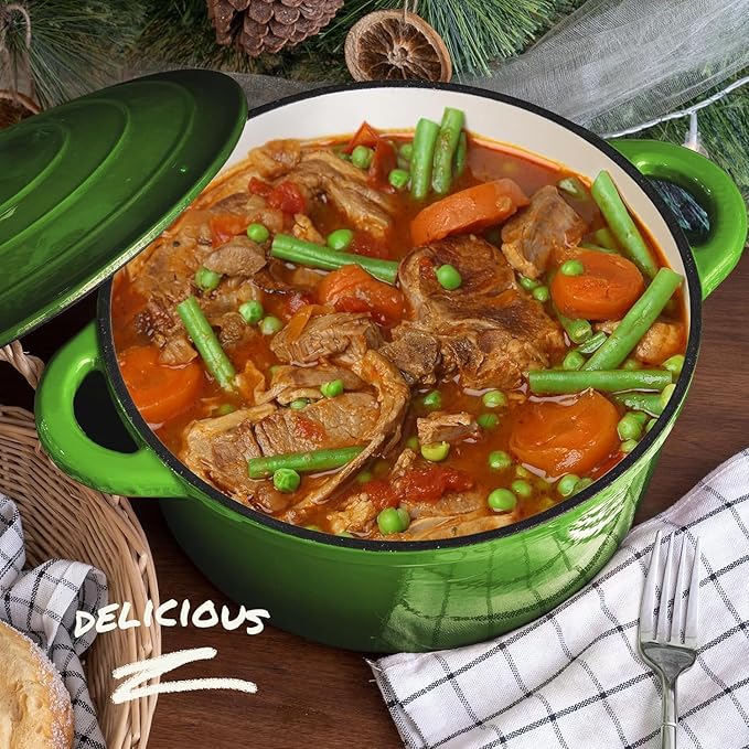 Overmont Enameled Cast Iron Dutch Oven - 5.5QT Pot with Lid Cookbook & Cotton Potholders - Heavy-Duty Cookware for Braising, Stews, Roasting, Bread Baking green
