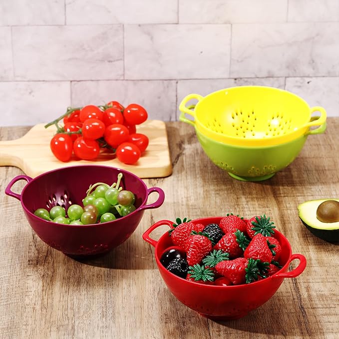 Baderke 4 Pack Mini Colander for Kitchen Plastic Berry Strainer with Double Handles 7.5 x 6 x 3 Inch Small Colander Strainer for Fruits Vegetables Food (Green, Purple, Red, Lemon Yellow)