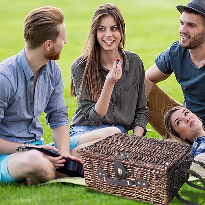 Picnic Basket Set for 4 with Waterproof Blanket Mat Insulation Bag Wicker Navy Blue Brown Stripe Vintage Retro Classic Gift for Wedding Birthday Summer Camp Outdoor Camping Travel Christmas