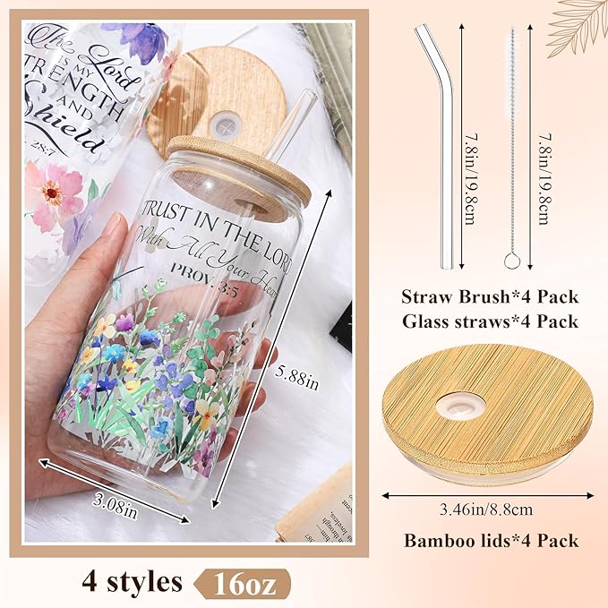 Mumufy 4 Pcs Christian Gifts for Women Set Bible Verse 16oz Glass Tumblers with Straw, Inspirational Prayer Affirmation Cups, Religious & Spiritual Gift for Mom Wife Sister or Friends for Christmas