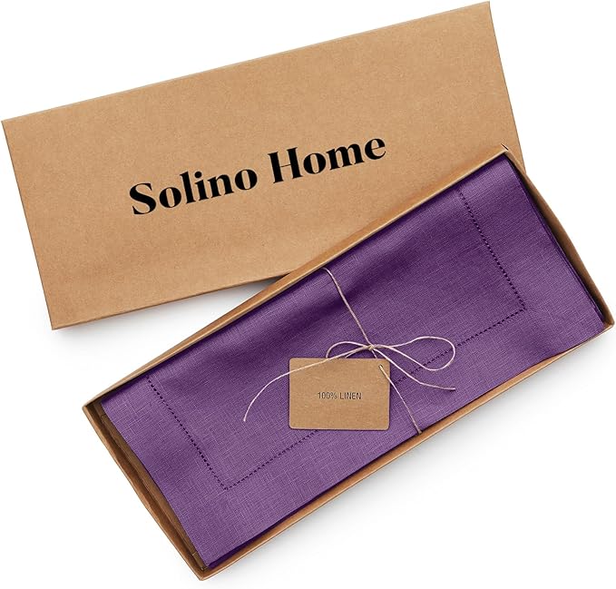 Solino Home Linen Purple Table Runner 36 Inches - Classic Hemstitch, 100% Pure Linen Coffee Table Runner 14 x 36 Inch Ideal for Dresser Tables - Summer, Fall, Autumn, Halloween