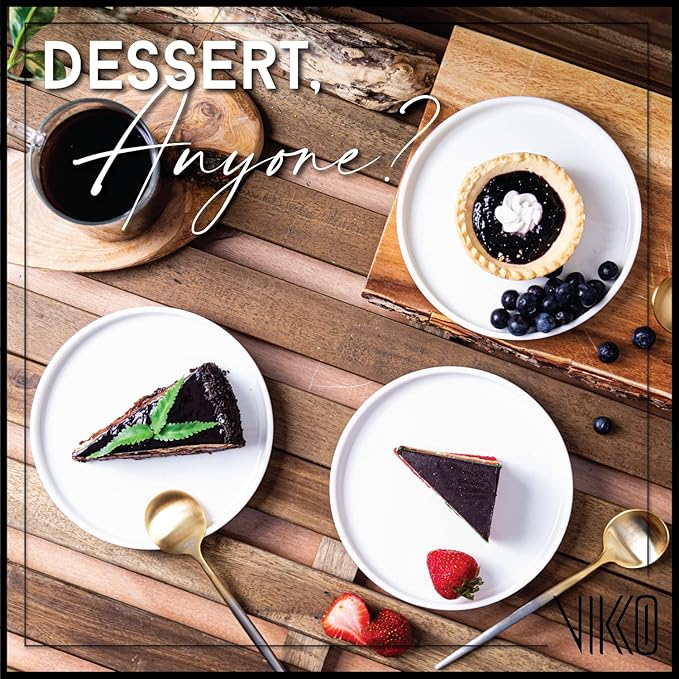 Vikko Salad Plate, Set of 6 White Plates, Bone China, Stackable 6.5 Inch Dessert Plates