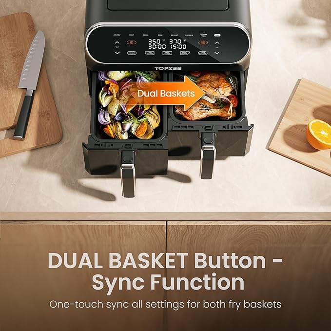 8 Quart Large Air Fryer - Dual Basket Airfryer with Easy View Windows, Preheat, Air Fry, Roast, Broil, Bake, Dehydrate, 2 Independent 4 QT Nonstick Dishwasher Safe Baskets, Black