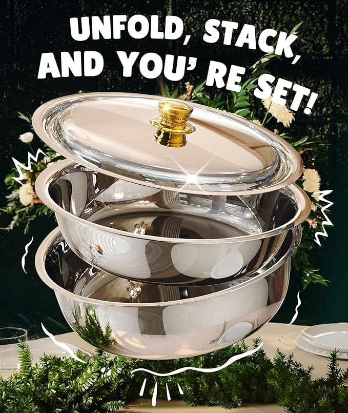 Chafing Dishes for Buffet 4 Pack, 6QT [Worry-Free Assemble] Food Warmers for Parties Buffet [Elegant Gold and Silver Colors] Stainless Steel Round Chafing Dish Buffet Set with Complete Set