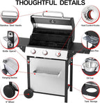 3 Burner Propane Gas Grill, Stainless Steel Cabinet with Side Table & Knob Controls, BBQ Grills Cast Iron Grates and Thermometer for Outdoor Cooking, Patio, BBQ