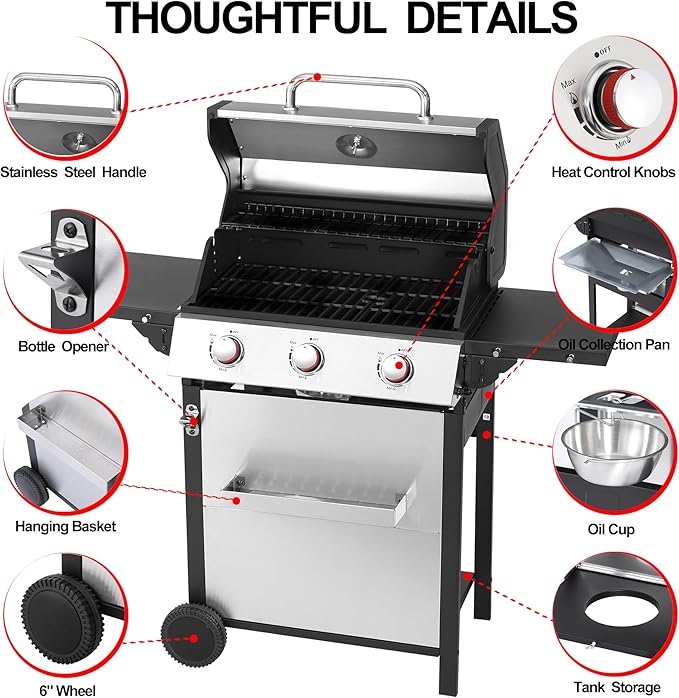 3 Burner Propane Gas Grill, Stainless Steel Cabinet with Side Table & Knob Controls, BBQ Grills Cast Iron Grates and Thermometer for Outdoor Cooking, Patio, BBQ