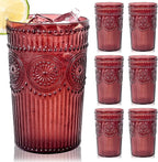 Ciaell 12 Pack Romantic Plastic Water Glasses - 14 Oz Burgundy Vintage Drinking Glasses, Embossed Ribbed Plastic Cups, Textured Striped Set for Juice, Beverages, Beer, Cocktail & Christmas