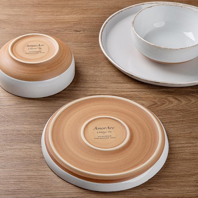 AmorArc 24 Pieces Ceramic Dinnerware Sets for 8, Handpainted Stoneware Plates and Bowls Set with Rustic Terracotta Underside, Scratch Resistant Dishes Set, Dishwasher & Microwave Safe, White
