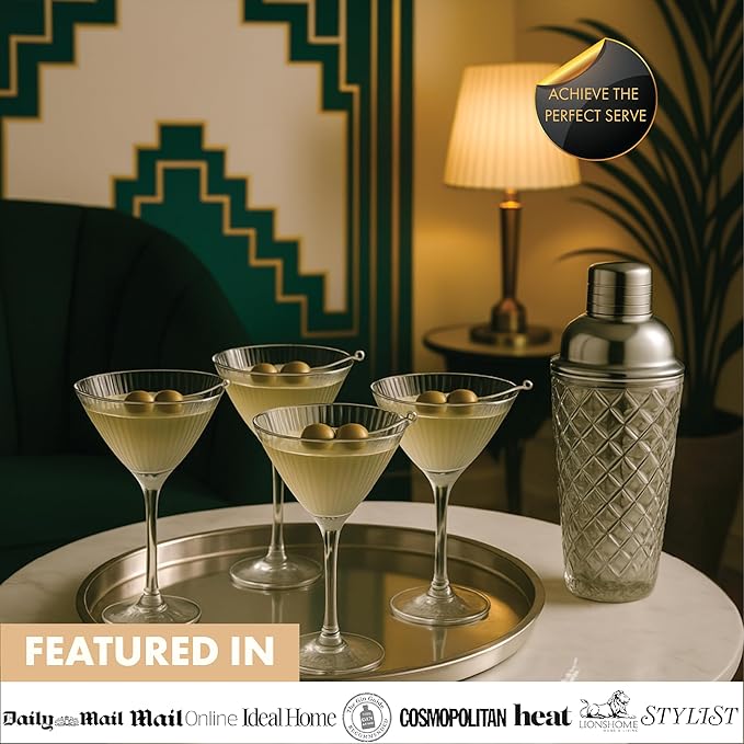 VEMACITY - Silver Luxury Home Mixology Cocktail Shaker Set with Silver Accessories - Glass Shaker with Built-In Strainer, 2 Ribbed Espresso Martini Glasses & Bar Tools - Gift Sets, Wedding Gift