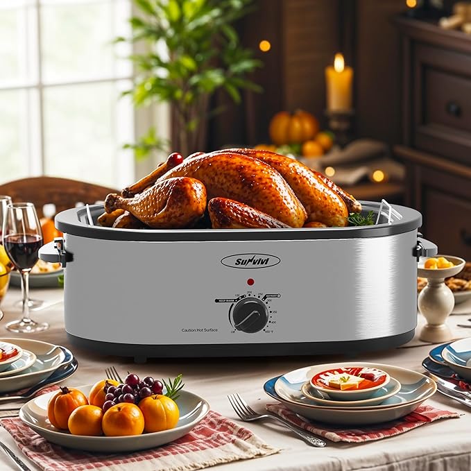 Sunvivi 20-Quart Roaster Oven with Self-Basting Lid, Electric Turkey Roaster Oven with Removable Pan and Rack, Stainless Steel, Sliver