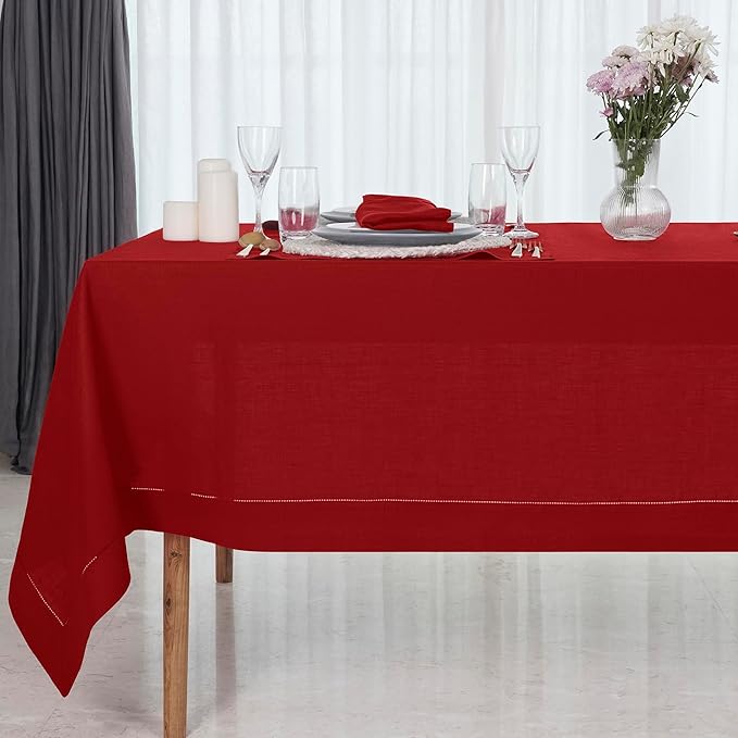 D'Moksha Homes Red Linen Tablecloth for Rectangle Tables 60 x 132 Inch - 100% Pure Linen Red Table Cloth - Classic Hemstitch, Machine Washable Dining Tablecloth for Summer, Fall and Halloween