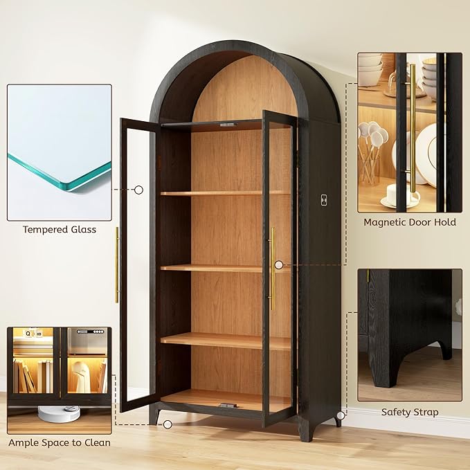 Arch Storage Cabinet with Tempered Glass Door, 71” Arched Display Floor Cabinet, 5 Tier Farmhouse Buffet with Storage for Dining Room, Living Room, Home Office or Kitchen(Black&Oak)