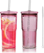 Joeyan 22 oz Pink Glass Tumbler with Straw and Lid for Iced Tea Coffee Smoothie Water Juice Beverages Soda,Ribbed Glasses Cups,Borosilicate Drinking Jar,Set of 2,Dishwasher Safe