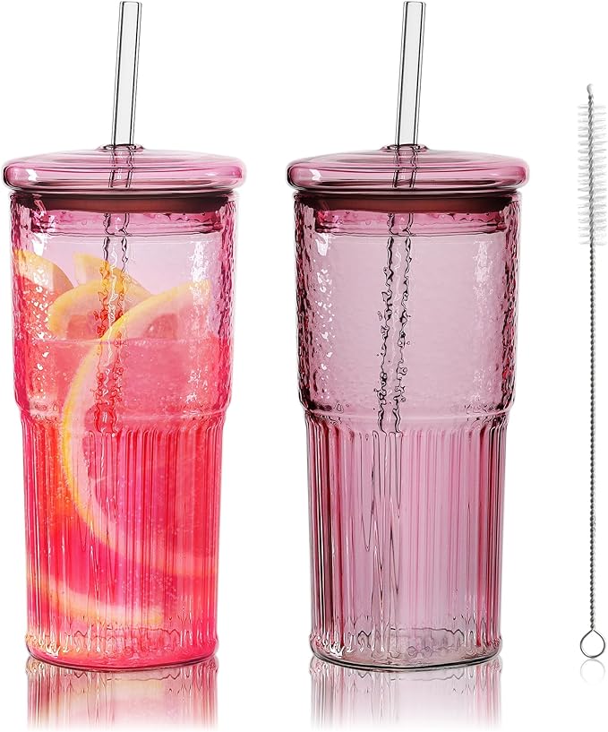 Joeyan 22 oz Pink Glass Tumbler with Straw and Lid for Iced Tea Coffee Smoothie Water Juice Beverages Soda,Ribbed Glasses Cups,Borosilicate Drinking Jar,Set of 2,Dishwasher Safe
