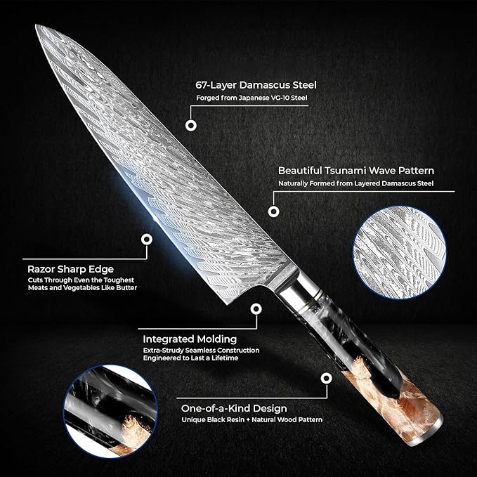SENKEN 7-Piece Damascus Kitchen Knife Set - Tsunami Collection - 67-Layer Japanese VG10 Steel - Chef's Knife, Cleaver, Santoku, Bread, Boning, & More (Black Resin Blend)