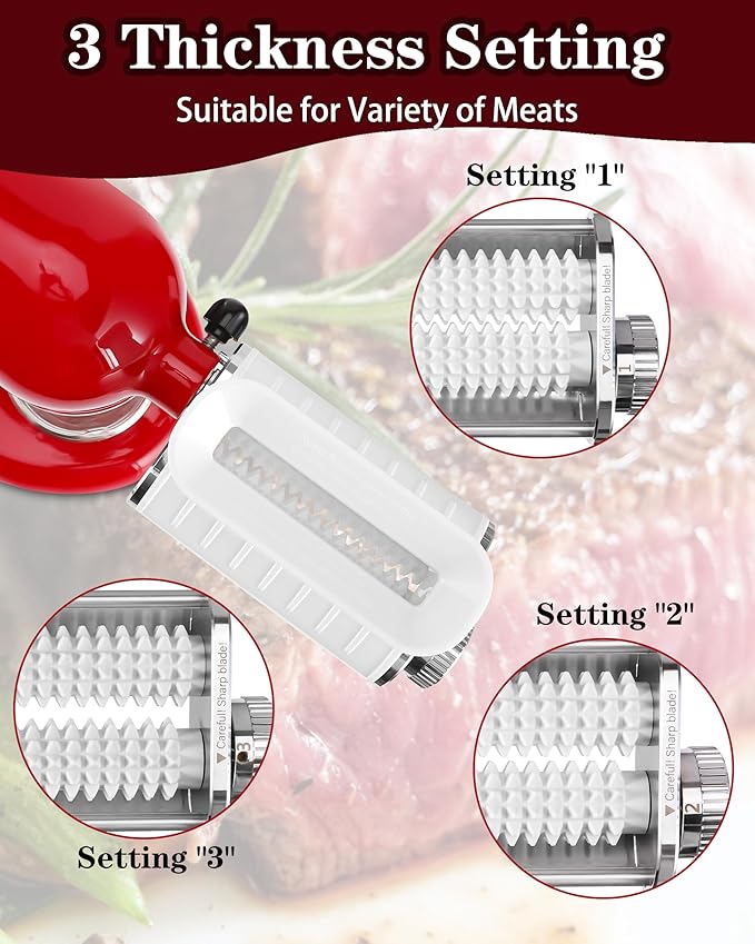 Meat Tenderizer Attachment for Kitchenaid Mixers, 3 Adjustable Thickness Settings, Dishwasher Safe Sturdy Beef Steak Processor Tool Accessory