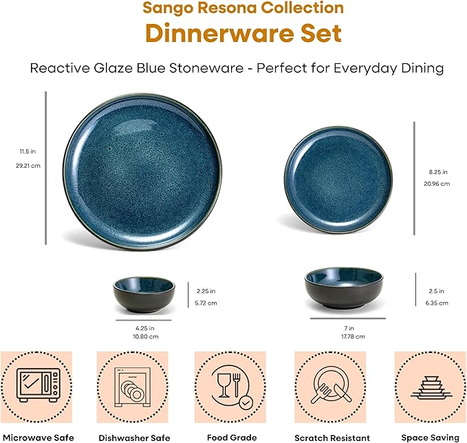 Sango Resona 16-Piece Blue Stoneware Dinnerware Set – Service for 4, Plate and Bowl Set, Delicate Blue Interior, Microwave & Dishwasher Safe, for Everyday Dining & Entertainment
