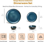 Sango Resona 16-Piece Blue Stoneware Dinnerware Set – Service for 4, Plate and Bowl Set, Delicate Blue Interior, Microwave & Dishwasher Safe, for Everyday Dining & Entertainment