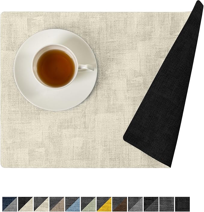 Romanstile Reversible Vinyl Placemats Set of 8, Faux Leather 100% Waterproof Oil-Proof Wipeable Place Mats, Heat Resistant Dual Sided Table Mats for Kitchen/Dining/Party (Black Beige, 12 x 17 Inch)