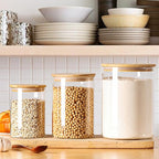 Glass Flour Storage Containers with Lids, Glass Jars with Bamboo Lids, Large Food Storage Jar, Sugar, Pantry Storage Container for Pasta Rice Flour Oats Nuts Tea Spice (Round 27oz+54oz+100oz)