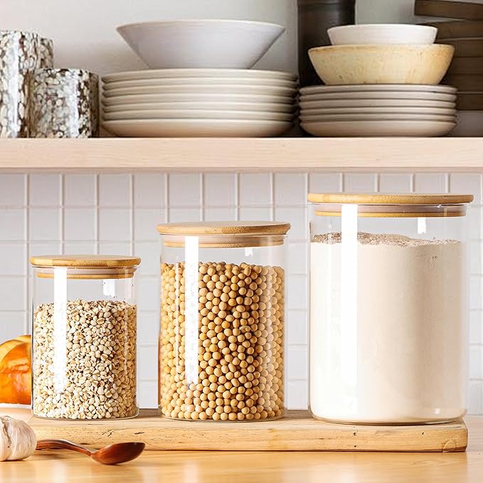 Glass Flour Storage Containers with Lids, Glass Jars with Bamboo Lids, Large Food Storage Jar, Sugar, Pantry Storage Container for Pasta Rice Flour Oats Nuts Tea Spice (Round 27oz+54oz+100oz)