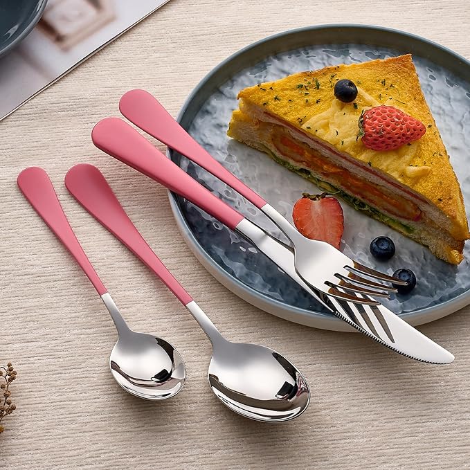 20-Piece Pink Silverware Set 18/0 Stainless Steel Silverware Set Pink Handle Cutlery Set Service for 4 Dinner Knives Forks Spoons Set Flatware Set Finish Dishwasher Safe