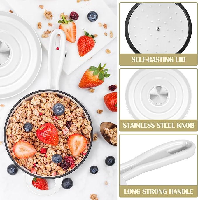 E-far Enameled Cast Iron Sauce Pan with Lid, 1 Quart Dutch Oven Saucepan, Mini Sauce Pot for Cooking, Boiling, Healthy & Non Toxic, Induction & Oven Safe, White
