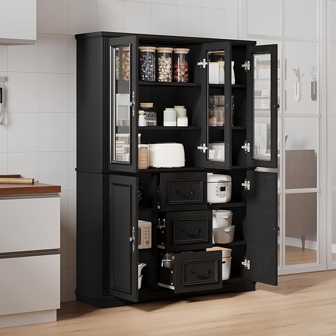 YITAHOME 71" H x 47" W Kitchen Pantry with 3 Drawers, Large Storage Cabinet with 3 Glass Doors & Adjustable Shelves, Freestanding Tall Display China Cabinet for Living & Dining Room, Black