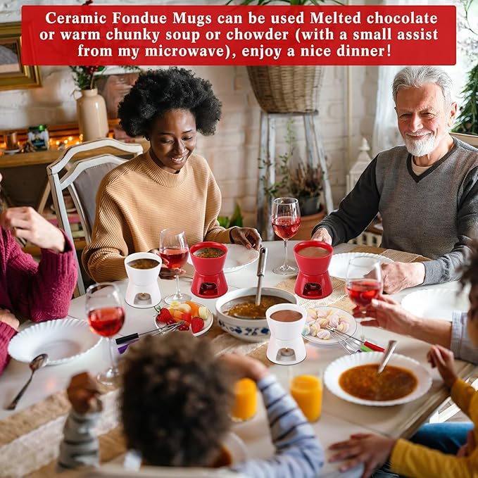 Mudder 6 Pieces Fondue Mug Ceramic Pot and 24 Pieces Forks Set for Melting Chocolate, Cheese, Broth or Tapas on Christmas Gift Valentine's Day(Red and White)