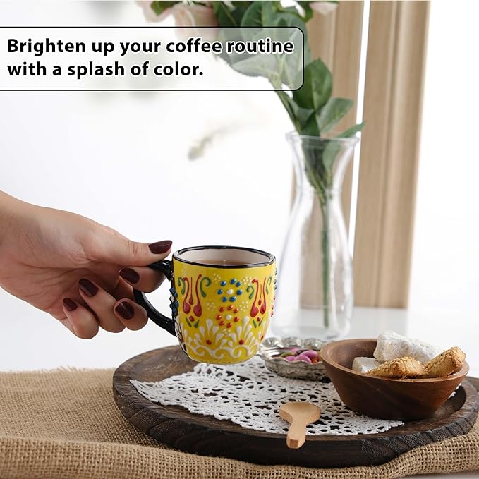 Espresso Cups Set of 2 | 4 oz Small Espresso Cups | Turkish Tea Cups | Demitasse Mugs with Handle | Modern Stackable Ceramic Espresso Mugs Set (Yellow/NavyBlue)