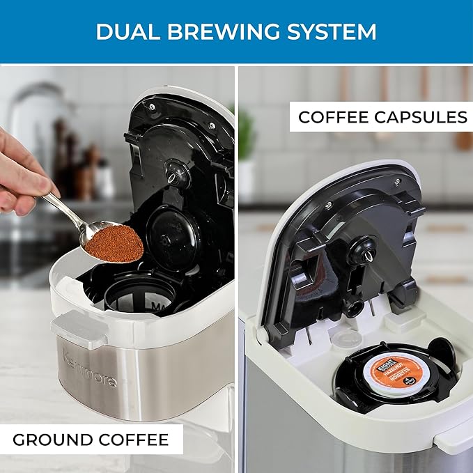 Koolatron Kenmore Single Serve Coffee Maker & Stainless Steel Travel Mug, Capsule/Pod & Ground Coffee Brewing, K Cup Compatible, Hot & Iced Coffee Machine, 6 to 14 Oz Brew Sizes, Auto Shut-Off, White